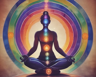 Brightly colored chakra symbols aligned vertically over a peaceful meditating figure.