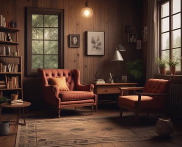 A serene therapy room with symbolic art and sand play materials.