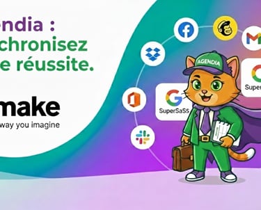 Agendia business mascot cat illustrating Make automation with Google, Slack, and Salesforce integration icons.