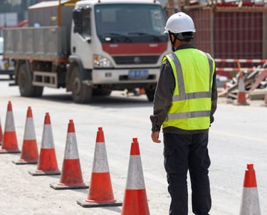 Industrial worker wearing reflective vest and helmet next to traffic cones on a construction site.
