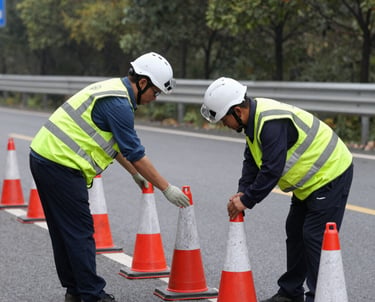 Industrial workers wearing reflective vests and helmets setting up road safety cones on a highway.