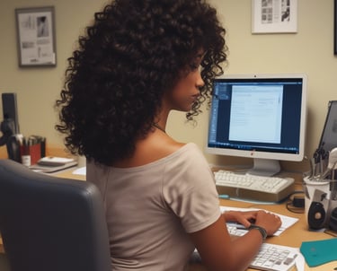 A warm, welcoming portrait of Lex Lopez at a desk organizing business documents with a calm, focused expression.