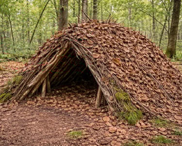 Handmade debris hut survival shelter constructed from sticks and dry leaves in a dense forest.