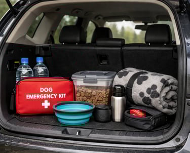 Dog emergency kit with food, water, and blanket in a car trunk for pet travel safety.