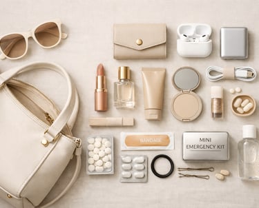 Flat lay of beige leather handbag essentials including makeup, sunglasses, and a mini emergency kit.