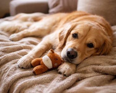 Golden Retriever dog lying on a cozy sofa with a small plush bear toy.