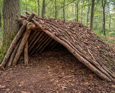 Handmade bushcraft survival shelter built from logs and leaves in a dense green forest.