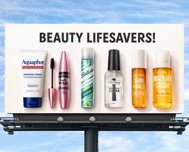 A billboard featuring essential beauty products like Aquaphor, Batiste dry shampoo, and Maybelline mascara.