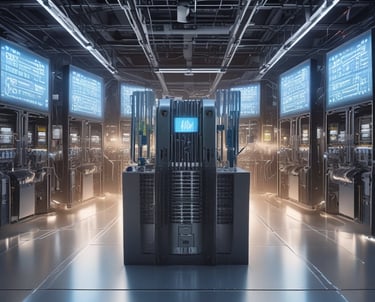 Close-up of embedded AI hardware connected to a sleek industrial automation system.