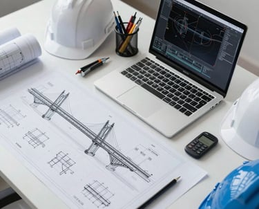 A panoramic view of a modern highway bridge under construction with cranes and engineers at work.
