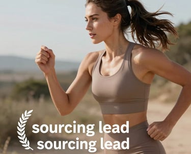 Action shot of a woman in athletic wear, symbolizing the sourcing lead, outdoors in a bright, natural setting with earthy taupe accents.