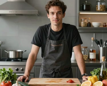 Portrait of a food innovator in a modern, sophisticated kitchen setting, emphasizing the clean and natural ingredients of the brand.