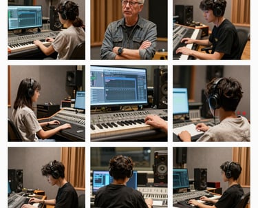 Dark minimalist studio workspace with audio equipment and subtle lighting emphasizing a focused creative atmosphere.