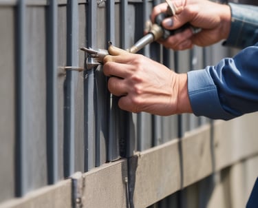 Smiling installer fitting a metal balustrade on a modern home porch, surrounded by happy homeowners.