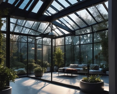 Modern winter garden with large glass panels sparkling under soft light.