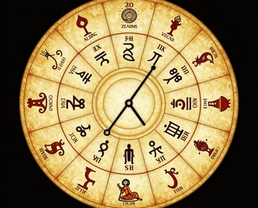 A detailed ancient Vedic horoscope chart illuminated with golden lines and zodiac symbols.