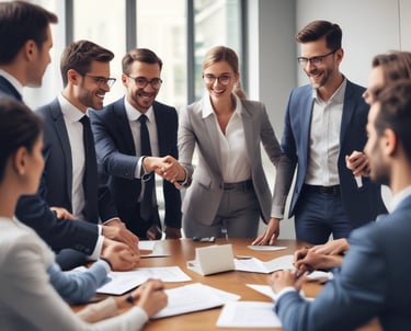 A vibrant team of salespeople celebrating a successful deal in a modern office.