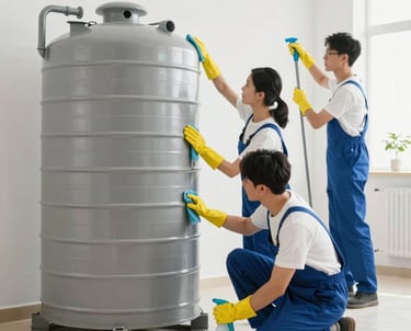 A professional technician cleaning a large water tank with safety gear in a bright industrial setting.