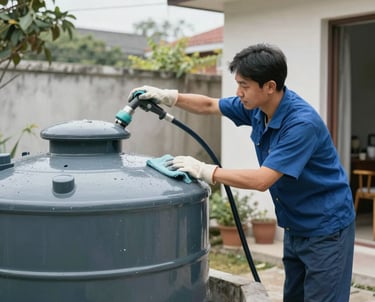 A professional team cleaning a large water tank with modern equipment under bright daylight.