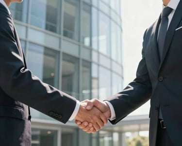 Two professionals in elegant business attire shaking hands in a modern glass office, sunlight, conveying trust and reliability, Italian / European business context.