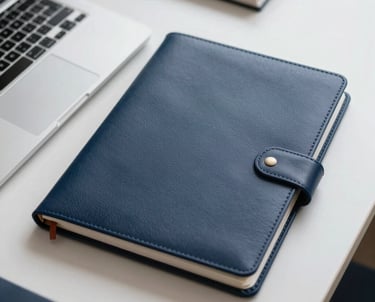 Professional desk detail with a laptop and a leather-bound legal folder, organized and modern workspace, silver and dark blue palette, Italian / European corporate style.