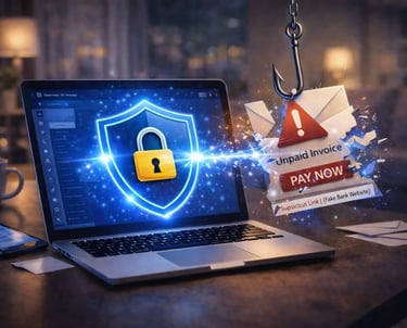 Antivirus blocking phishing email and scam link outside screen with shield protection stopping malicious message attack