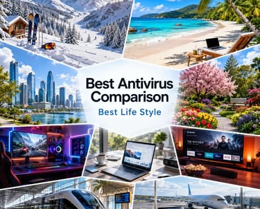 Premium lifestyle collage for Best Antivirus Comparison featuring travel, gaming, remote work, and smart home security.
