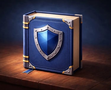 Illustrated book with shield symbol representing a cybersecurity glossary and digital protection terminology guide
