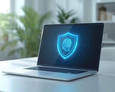 Glowing shield protecting human head silhouette on laptop screen, blocking external identity theft threat 2026