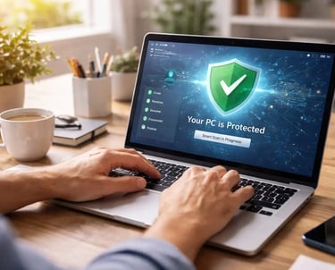 home computer protected by everyday antivirus software blocking malware during browsing email downloads and online shopping