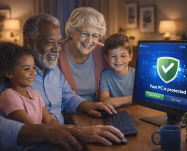 Interracial elderly couple and grandchildren at desktop PC, grandfather holding granddaughter, antivirus on screen.