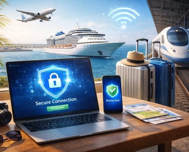 Laptop and phone showing antivirus, airplane, cruise ship and train behind, suitcase, sunglasses and camera.