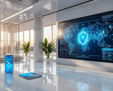 Luxury cybersecurity office with antivirus dashboard, global network map and blue digital protection shields