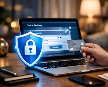 Hand holding credit card near online banking screen with lock shield icon showing secure payment protection