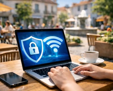 Person using laptop in outdoor café with Wi-Fi and shield icons showing encrypted connection safe browsing on public network