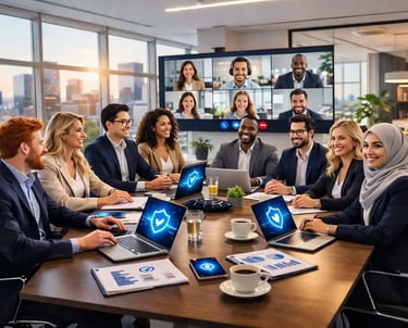 Multicultural team in office meeting including hijab woman using laptops with shields and video conference on large screen