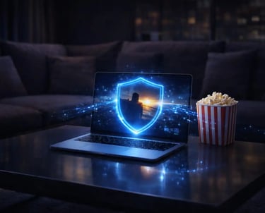 Laptop on living room table near popcorn displaying security shield while streaming video content at home