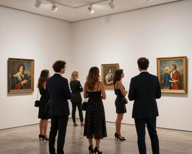 An elegant art exhibition opening in a South American gallery. Stylish guests in cocktail attire looking at paintings under professional art spotlights, minimalist aesthetic with Off-white walls and Navy accents.