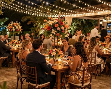 A luxurious social celebration at night in a Brazilian outdoor venue. Warm amber fairy lights, elegant tables with floral arrangements, South American guests in sophisticated festive attire, refined and celebratory mood.