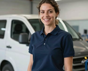 Portrait of a smiling professional woman in her 30s wearing a dark blue polo shirt, standing in a bright, modern vehicle workshop in Spain.