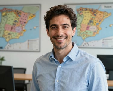 Portrait of a friendly man with a professional look, wearing a light blue shirt, in a modern office with maps of Spain on the wall.