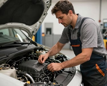 A focused professional man in work attire inspecting a clean van engine in a well-lit Spanish maintenance facility.
