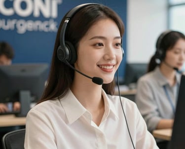 Portrait of a cheerful young woman wearing a headset in a modern customer service center with branding in dark blue and off-white.