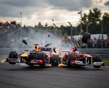 High-speed motorsport collision captured in dramatic detail, illustrating dynamic visual storytellin