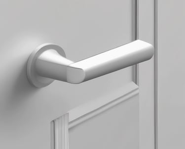 Modern office door fitted with a durable antibacterial handle glowing softly under clean lighting.