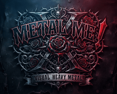 Metal Me! Visual Heavy Metal logo with red roses, silver chains, and skulls in a gothic font.