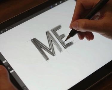 A digital artist using a stylus to sketch the word ME on a tablet screen with drawing software.
