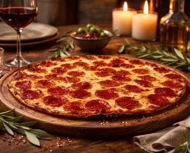 pizza de peperoni servida en una mesa elegante