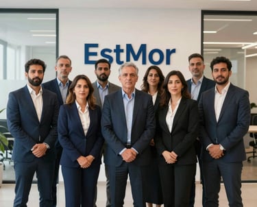Professional real estate agent showing land documents to clients in a modern office.
