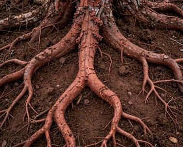Detail photography of thick tree roots weaving into rich, dark Canadian soil. Muted terracotta and root chakra red tones highlight the strength and stability of the grounding theme. Soft, diffused lighting.